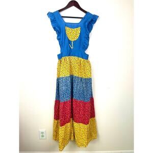 Vintage Womens Dress Sz M Pinafore Ruffle Prairie Cottage Boho Festival Colorful